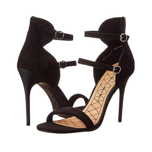 Chinese Laundry Lolita Black Suede Heels Caged Ankle Strap Stiletto Size 7.5 - Picture 1 of 8